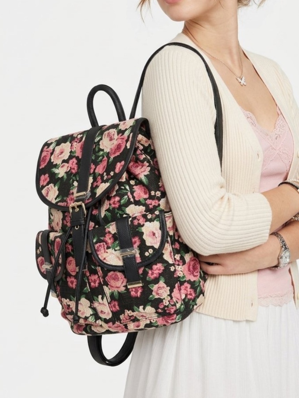 NEW Mudd Y2K Floral Canvas Backpack Pink Roses Black Cottagecore Grunge Romantic